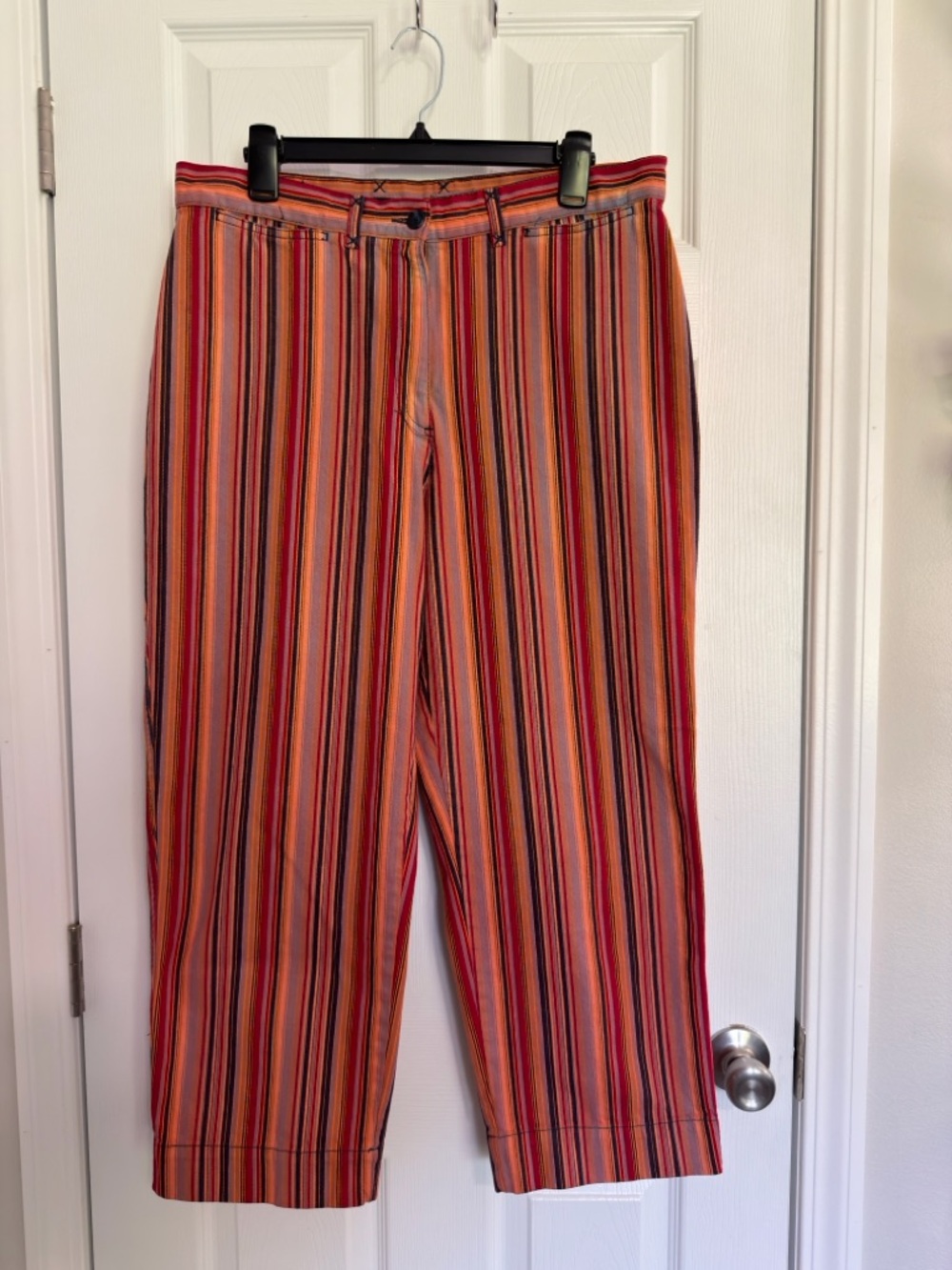 VTG St. John's Bay Multicolor Striped Cropped Cotton Pants Zip Button Women 14